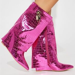 Pink Metallic Faux Croc Bootie